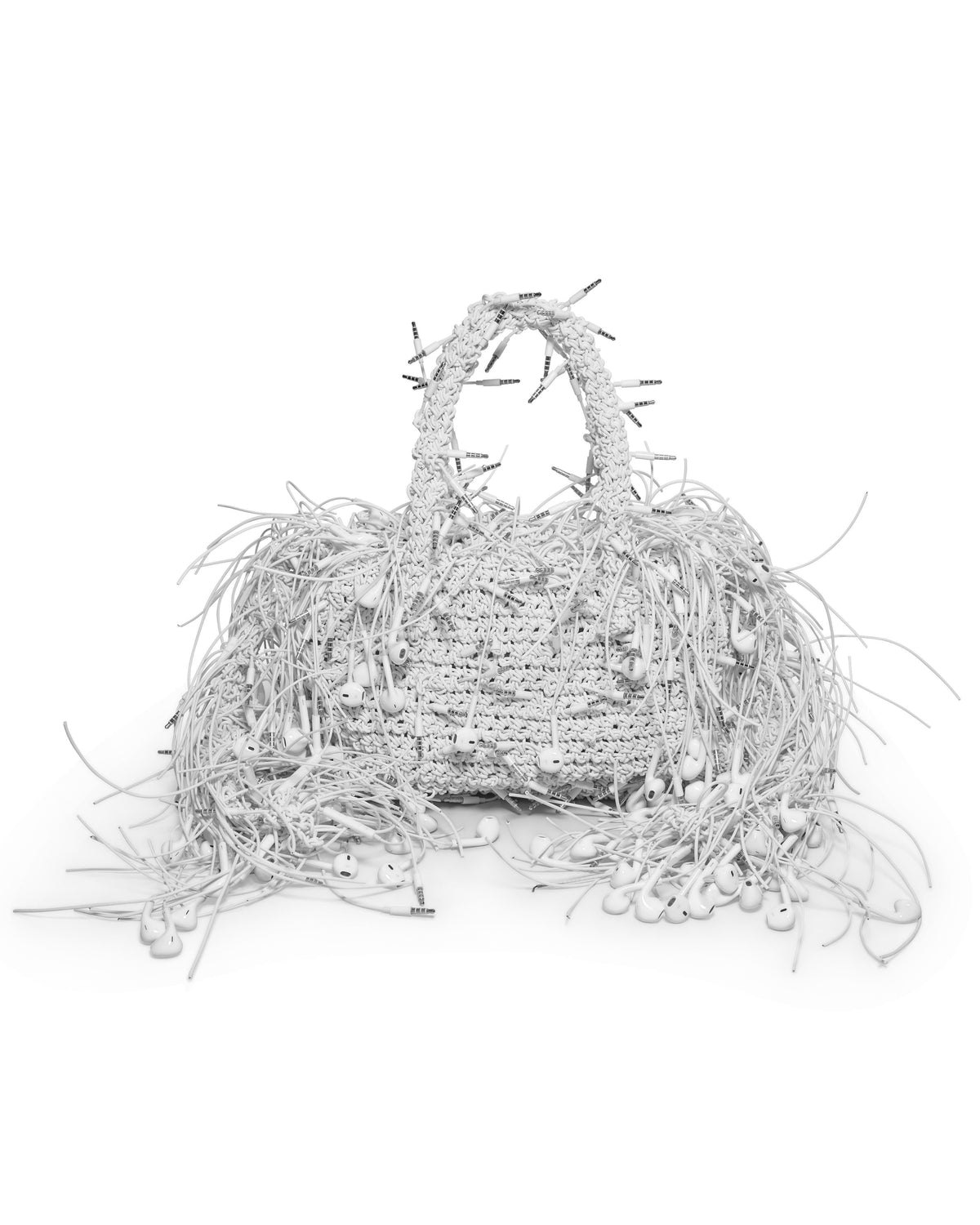 Earphone handbag, 350 wired earphones knotted in macrame
